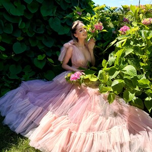 K&ouml;nnte beinhalten: Ein hellrosa T&uuml;llkleid mit einem mehrlagigen Rock und R&uuml;schensaum. Das Kleid hat einen tiefen Ausschnitt und kurze, ger&uuml;schte &Auml;rmel. Das Kleid wird im Freien getragen, umgeben von Gr&uuml;n und rosa Blumen.