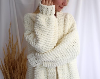 Chunky Knit Cardigan: Ivory Plush Micropolyester, Handmade Cozy Sweater
