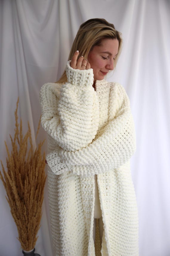 Chunky Knit Cardigan: Ivory Plush Micropolyester, Handmade Cozy Sweater