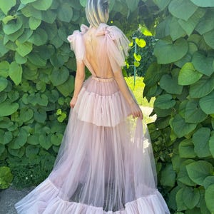K&ouml;nnte beinhalten: Ein hellrosa T&uuml;llkleid mit einem gestuften Rock und R&uuml;schensaum. Das Kleid hat einen tiefen R&uuml;cken und transparente, gepuffte &Auml;rmel. Das Model steht vor einem Hintergrund aus &uuml;ppigem Gr&uuml;n.