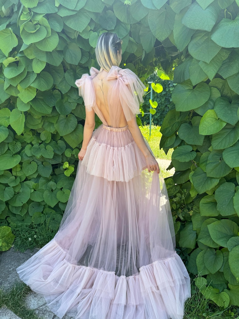K&ouml;nnte beinhalten: Ein hellrosa T&uuml;llkleid mit einem gestuften Rock und R&uuml;schensaum. Das Kleid hat einen tiefen R&uuml;cken und transparente, gepuffte &Auml;rmel. Das Model steht vor einem Hintergrund aus &uuml;ppigem Gr&uuml;n.