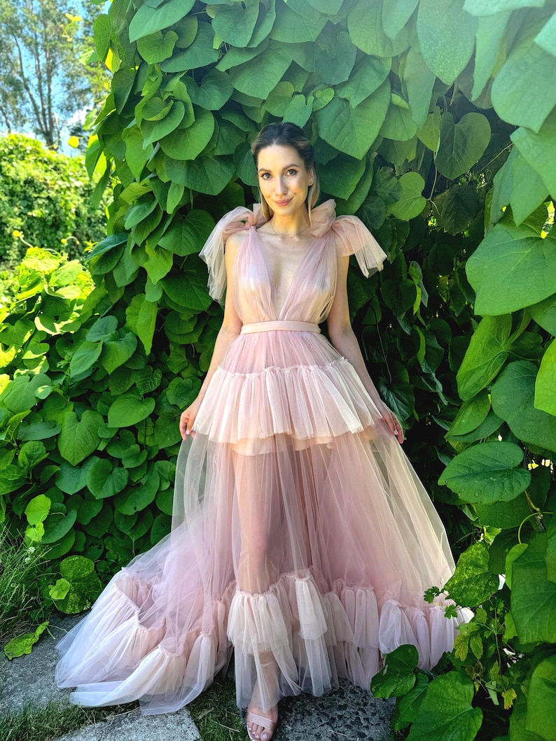 K&ouml;nnte beinhalten: Ein hellrosa T&uuml;llkleid mit tiefem Ausschnitt und mehrlagigem Rock. Das Kleid hat ein eng anliegendes Oberteil und einen flie&szlig;enden, gestuften Rock. Das Kleid wird im Freien getragen, umgeben von &uuml;ppigem gr&uuml;nem Laub. Das Kleid hat ein zartes, &auml;therisches Aussehen.