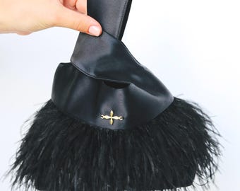 Black Feather Japanese Knot Bag: Satin Evening Clutch, Handmade Bridal Purse