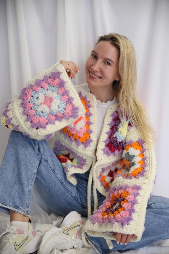 Crochet Granny Square Cardigan: Handmade Wool Jacket With Colorful