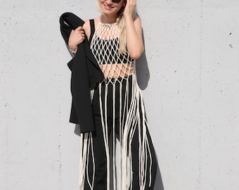 Ivory Red Black Macrame Maternity Cover-Up – Handmade Organic Cotton Boho Pregnancy Outfit