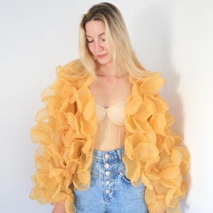 Handmade Champagne Gold Organza Jacket: Pearl Embellished Party Cape