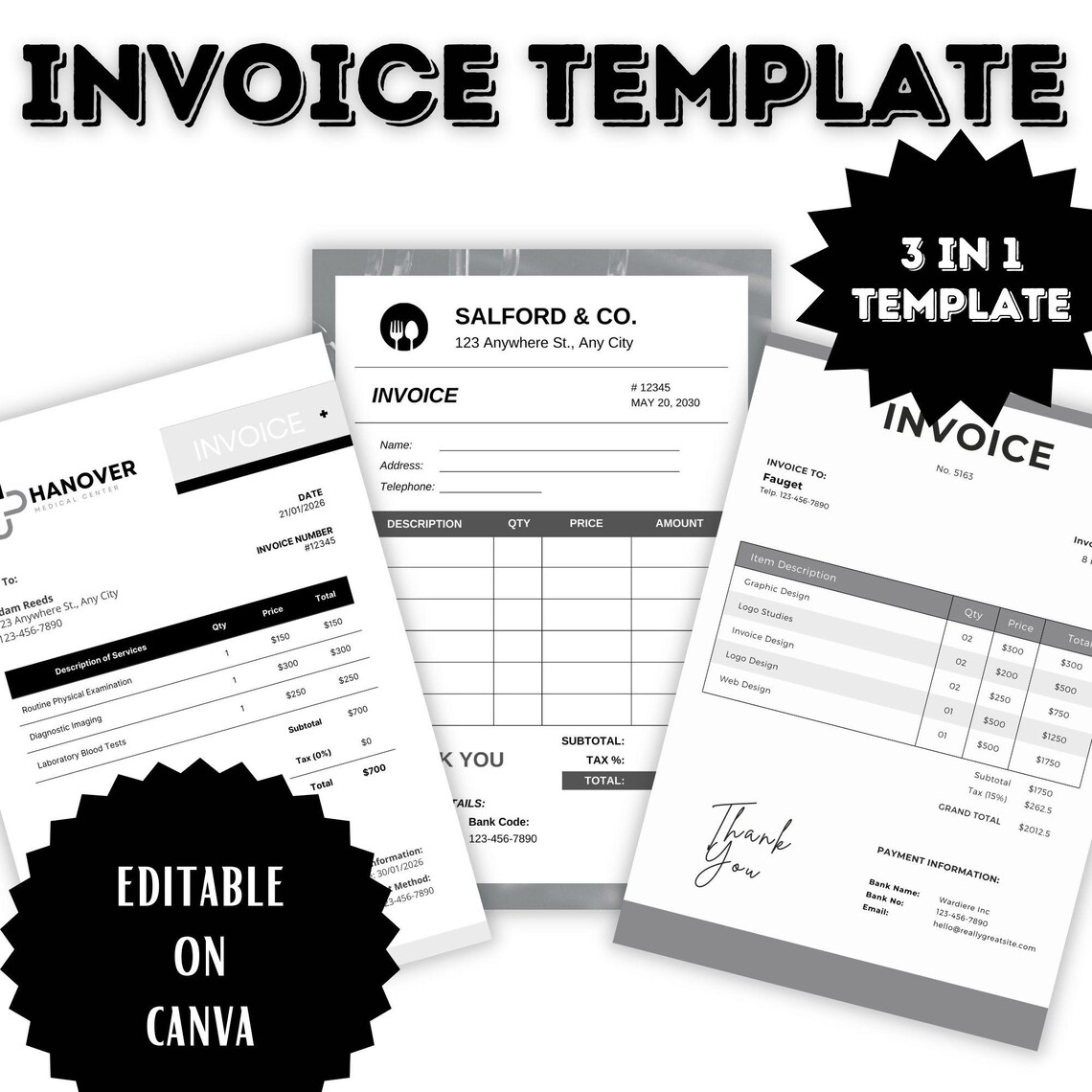 3 in 1 Black and White Invoice Templates Editable Invoice Template
