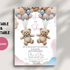 Editable Gender Revel Bear Baby Shower Invitation, Girl Boy We Can Bearly Wait Baby Shower Invite, Pink Blue Boho Bear Shower