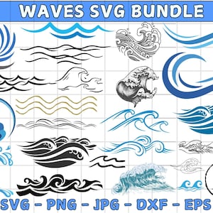 May include: A collection of 20 different wave SVG designs in blue, black, and white. The designs include simple waves, crashing waves, and stylized waves. The text "WAVES SVG BUNDLE" is at the top of the image. The text "SVG - PNG - JPG - DXF - EPS" is at the bottom of the image.