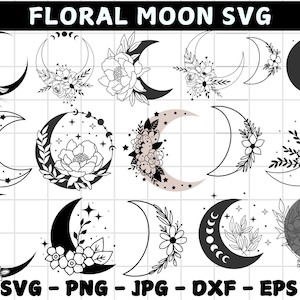 Floral Mond SVG-Bundle, Floral Mond Clipart, Mond Blume geschnitten Dateien, mystische Mond svg, Wildblumen svg, Boho svg-Dateien für Cricut,