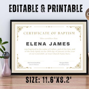 Plantilla de certificado de bautismo editable, certificado de bautismo imprimible, certificados de bautismo de bebé personalizados, plantilla de iglesia de Canva.