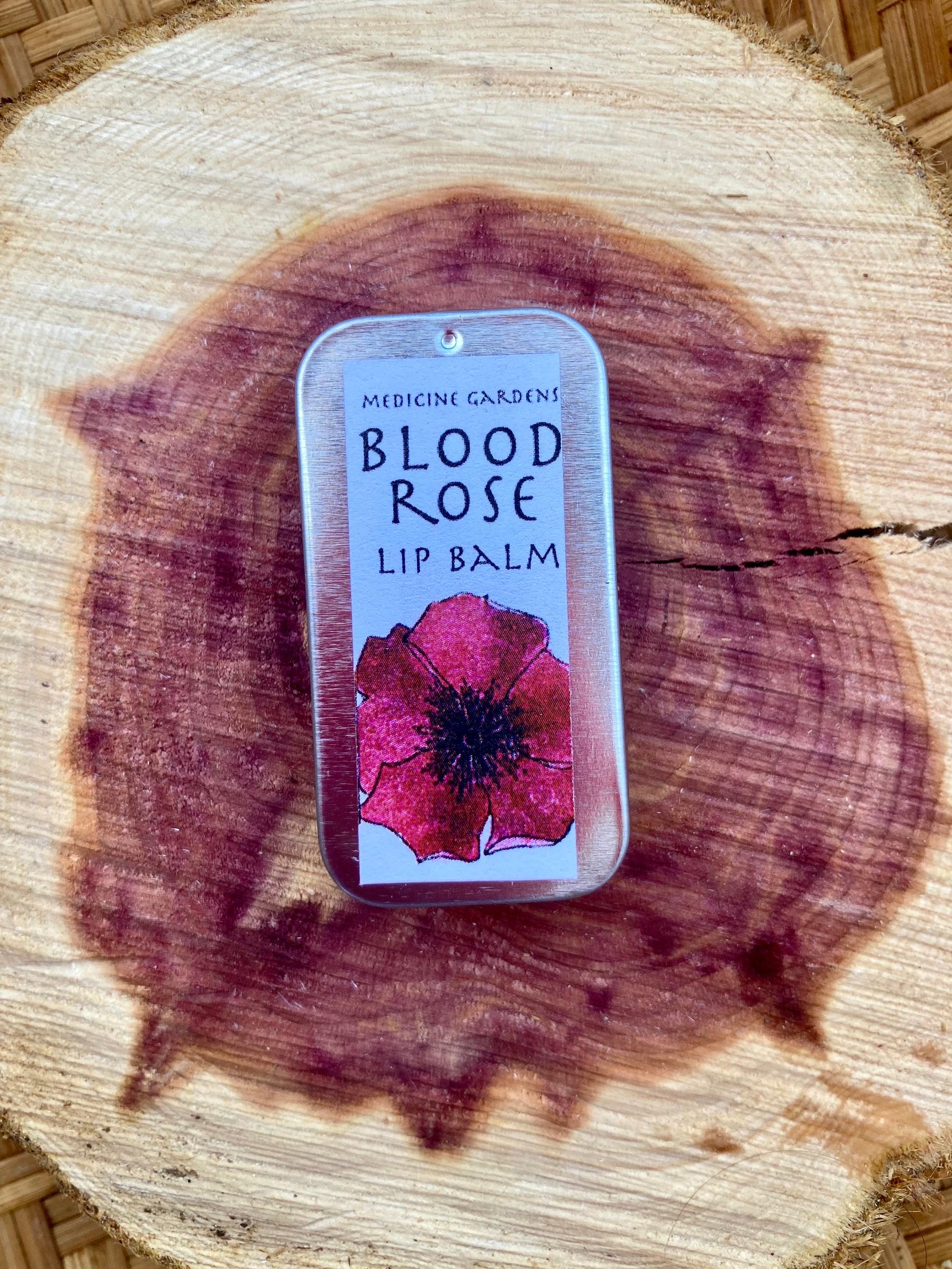 blood rose lip balm- red tint natural organic lip balm with alkanet, myrrh, rose geranium and bulgarian rose essential oil