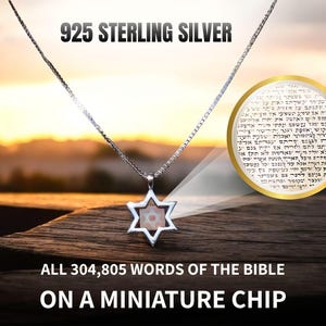 Nano Bible 925 Silver Star of David Religious Necklace, featuring a unique nano inscribed chip. The entire Hebrew Bible Torah.