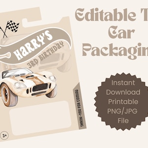 Emballage modifiable pour petite voiture, Emballage beige personnalisé, Emballage Hot Wheel personnalisé, Soirée d'invitation Hot Wheels, Cadeau de fête