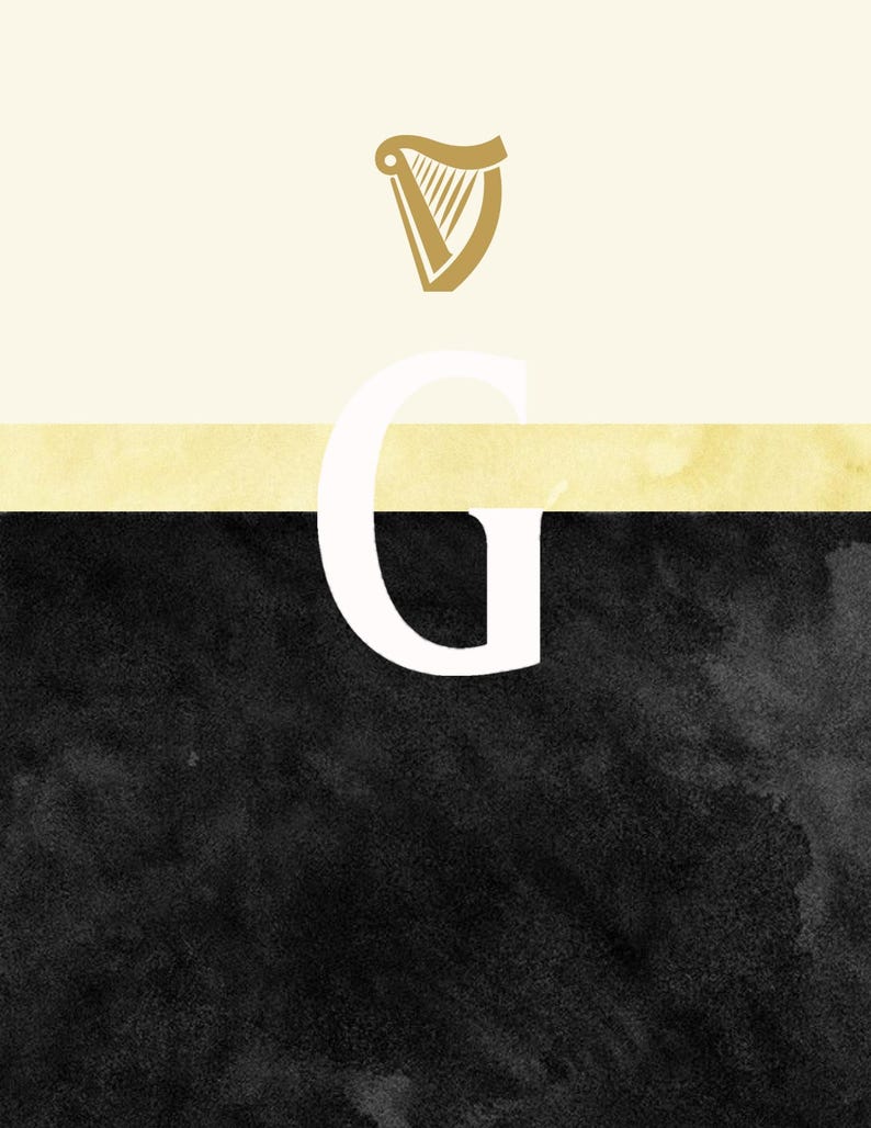 May include: A black and white graphic with a white letter G in the center. The letter G is on top of a thin yellow stripe. Above the stripe is a white background with a gold harp logo.
