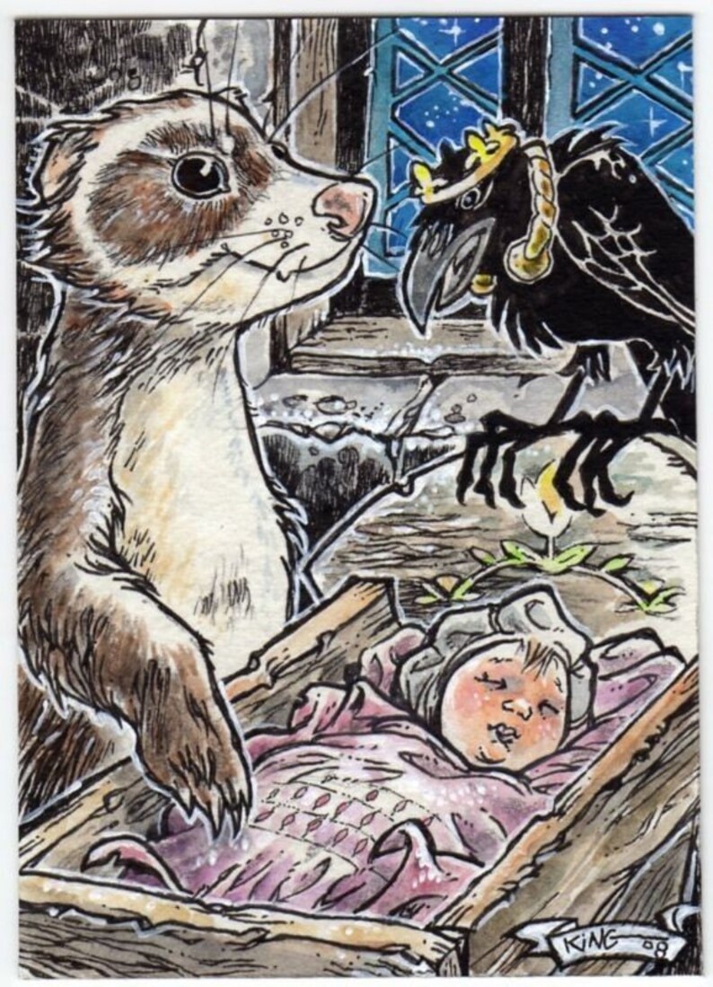 Magical Lullabies ATC ACEO Canvas Print Art Ferret Baby Child Crow by Kevin KinG image 1