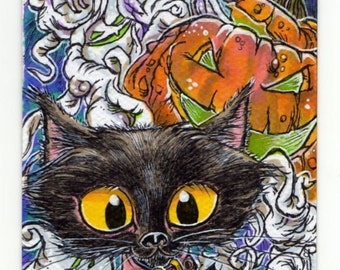 Black Cat Pumpking Halloween ACEO Original Art Print by Kevin King In Cardstock