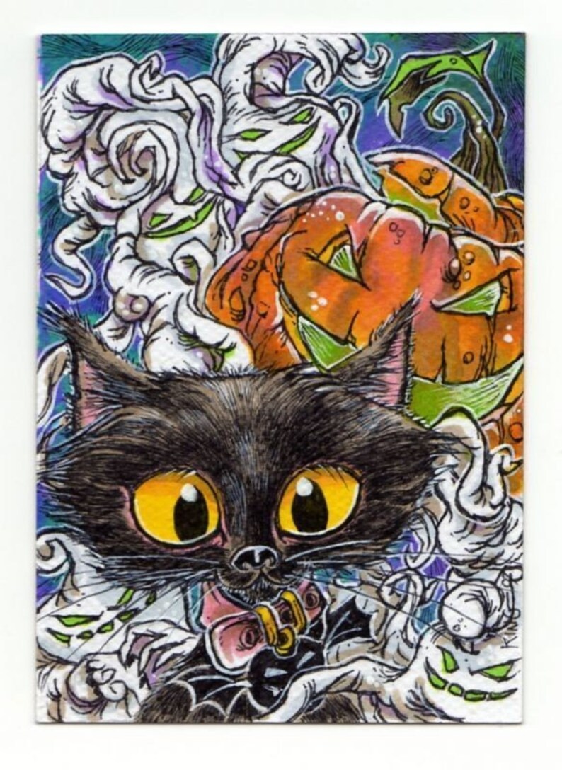 Black Cat Pumpking Halloween ACEO Original Art Print by Kevin King In Cardstock image 1