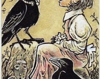 The Crow King and Anne-Lise ACEO ATC Crow Child Drawing Illustration Print