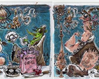 Witch Party Halloween Original Art by Kevin King 2 4 X 6 inches Prints