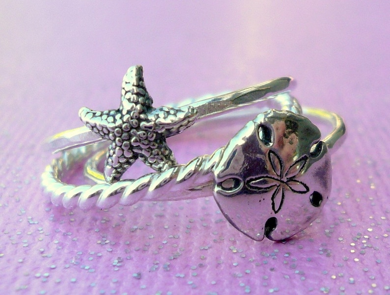 Sterling Silver Sea Stacking Ring Set with Starfish and Sand Dollar