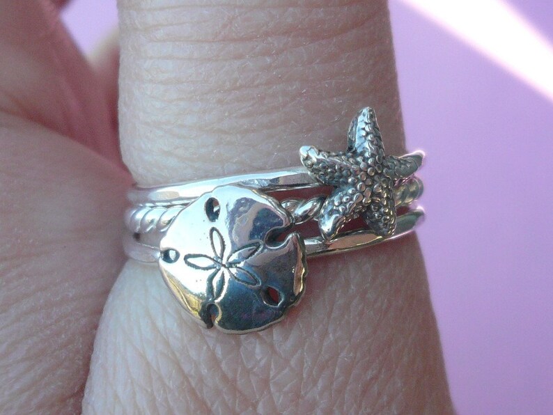 Sterling Silver Sea Stacking Ring Set with Starfish and Sand Dollar