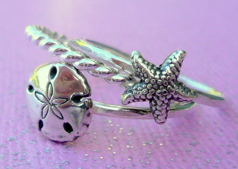Sterling Silver Sea Stacking Ring Set with Starfish and Sand Dollar