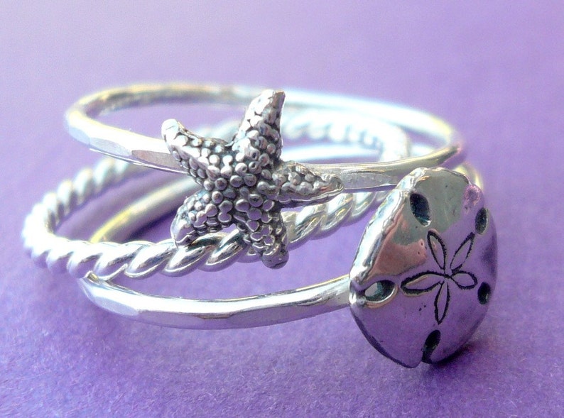 Sterling Silver Sea Stacking Ring Set with Starfish and Sand Dollar