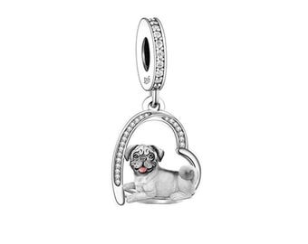 Pug Dog Pendant Dangle Charm , Genuine Sterling Silver & CZ, Charm for Bracelet, Necklace, Puppy Love Charm