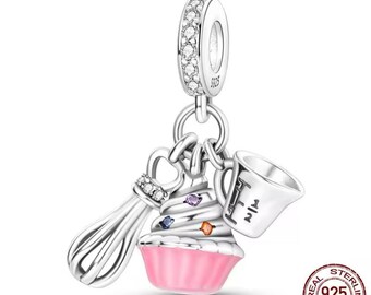 Sweet Cupcake Charm, Baking Charm, Genuine 925 Sterling Silver Cake making Charm for Bracelets