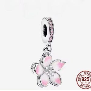 Silver Cherry Blossom Charm, Pink Flower Charm, S925 Sterling Silver & CZ, Flower Charm