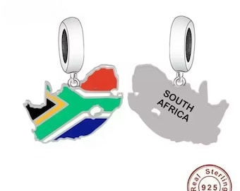 South Africa Map Flag Dangle Charm, Genuine sterling silver Charm for Bracelets, Travel Charm