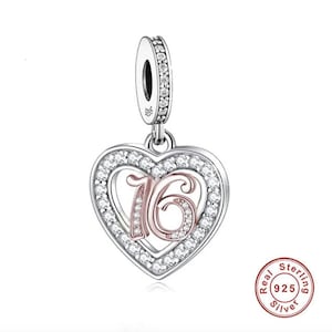16th Birthday Dangle Charm, 16th Anniversary Charm, Fits all Charm Bracelets, 16th Girl gift, Genuine sterling silver & CZ