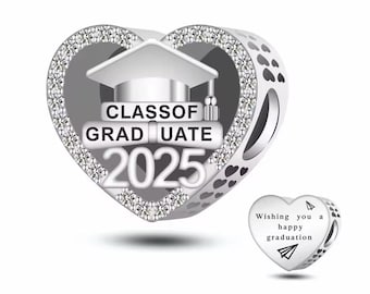 2025 Graduation Charm , Heart charm , Genuine 925 sterling silver Charm Fits European Bracelet , Graduation Jewelry