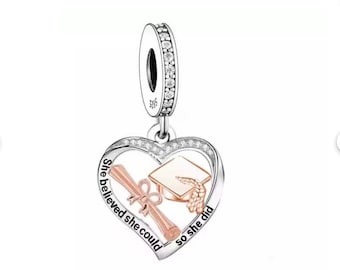 Graduation Charm She Believed She Could So She Did Fits European Bracelets, 925 Sterling Silver Graduation Jewelry Graduation Gift Keepsake