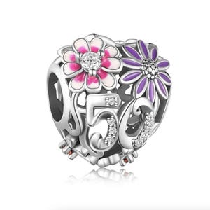 50th Birthday Celebration Charm, 50th Anniversary Charm, Fits all Charm Bracelets, 50th birthday gift,  Genuine sterling silver & CZ