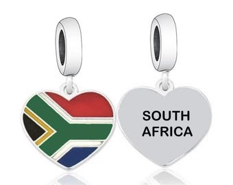 Love South Africa Flag Heart Dangle Charm, Genuine sterling silver Charm for Bracelets, Travel Charm
