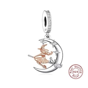 Charme sorcière sur balai et chat, breloque sorcière d'Halloween, bracelet de style européen, argent volant magique, argent sterling véritable or rose