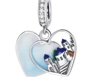 Dije doble colgante de Santorini, Grecia, estilo europeo, para pulsera, de viaje, en auténtica plata de ley y circonita cúbica.