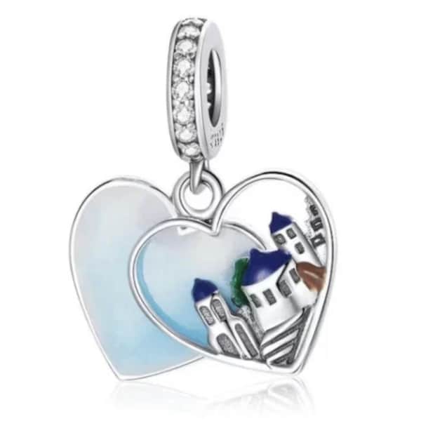 Greece Santorini Double Dangle Charm, European Style Bracelet, Travel Charm,  Genuine Sterling Silver & CZ, Charm for Bracelet