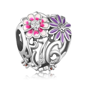 Sweet 16th Birthday Anniversary Charm, Fits all charm Bracelets, Number 16th and Daisy gift, Genuine sterling silver & CZ