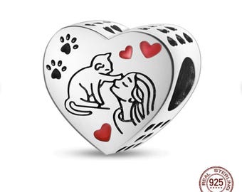 Cat Love Charm, Cat Charm for European Style Bracelet, S925 Sterling Silver Charm
