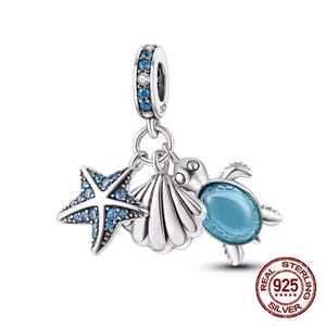 Trippelhängande berlock med havssköldpadda, sjöstjärna och snäckskal, armband i europeisk stil, havsberlock, äkta 925 sterlingsilver och CZ-berlock