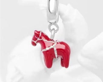 Dije colgante de caballo rojo de Dalarna, plata de ley auténtica y esmalte, dije para pulsera, anillo o pinza de langosta.