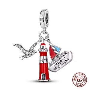 Lighthouse, boat & seagull Dangle Charm, Light House Charm , S925 Genuine sterling silver Charm,
