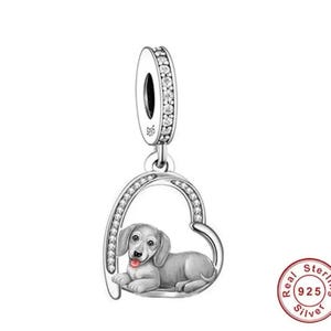 Dachshund Dog Dangle Charm , Genuine Sterling Silver & CZ, Charm for Bracelet, Necklace, Puppy Love Charm , Sausage Dog Charm