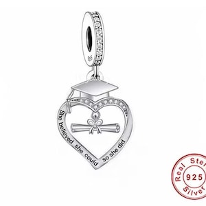 Graduation Dangle Charm, glaubte sie, sie könnte für Armbänder, S925 Sterling Silber & Rose Gold, Graduierung Schmuck, Geschenk