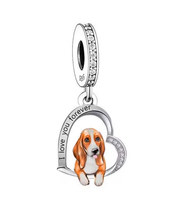 Inspired Silver I Love Basset Hounds Charm Christmas Ornament - Silver Pave Paw With CZ