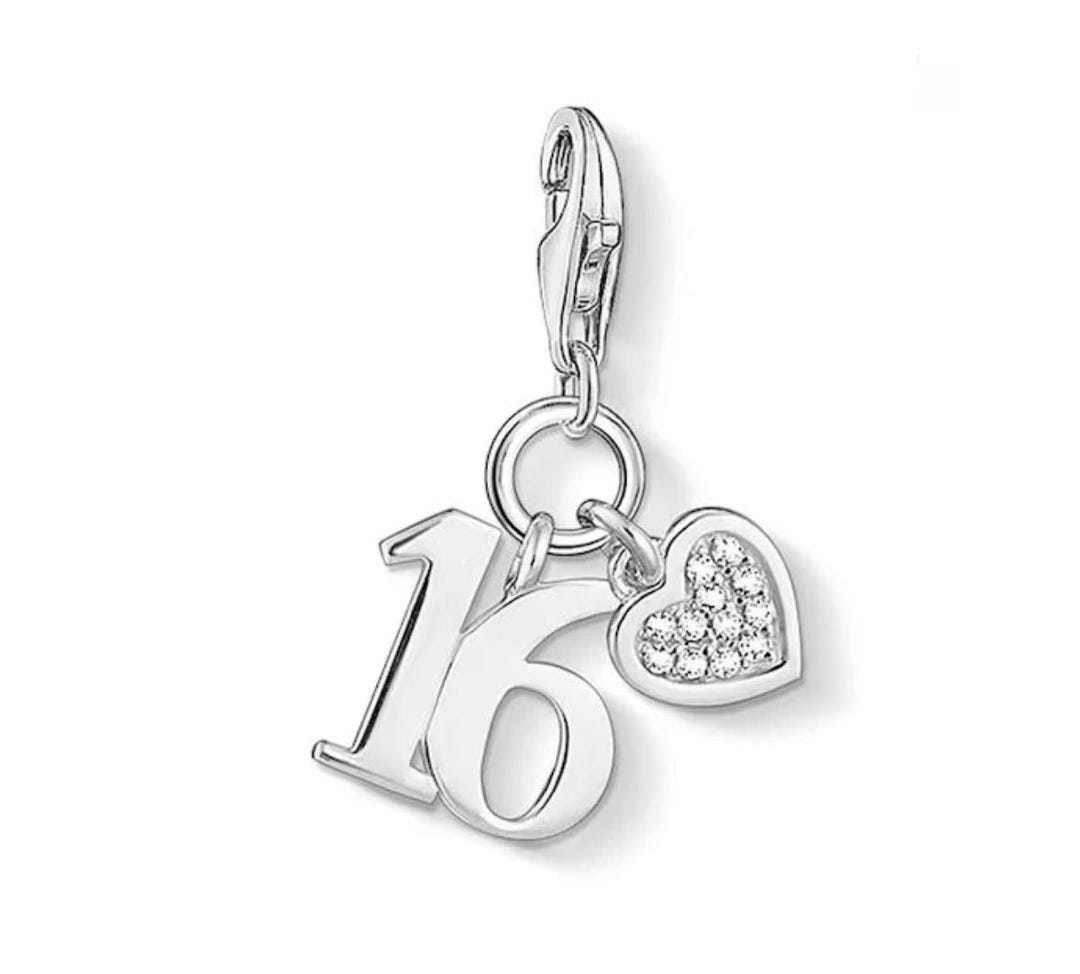 Sterling Silver "16" Birthday Charm - Pandora Compatible Dangle With CZ Stones
