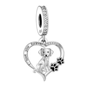 Labrador Puppy Dog &#39;I Love You Forever&#39; Dangle Charm , Genuine Sterling Silver & CZ, Charm for Bracelet, Necklace, Puppy Love Charm